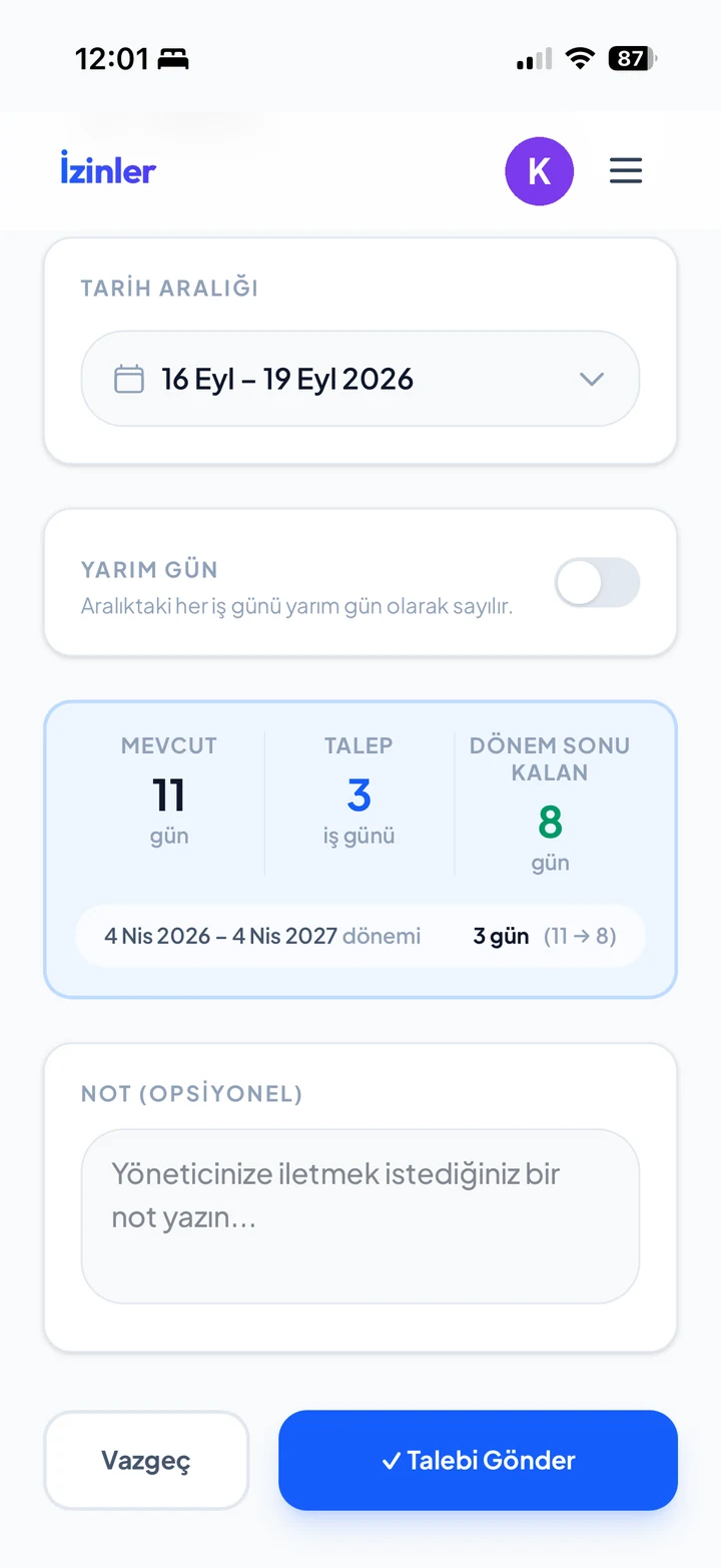 Talep gönderilmeden önce görünen bakiye önizlemesi: mevcut 11 gün, talep 3 iş günü, dönem sonunda kalan 8 gün