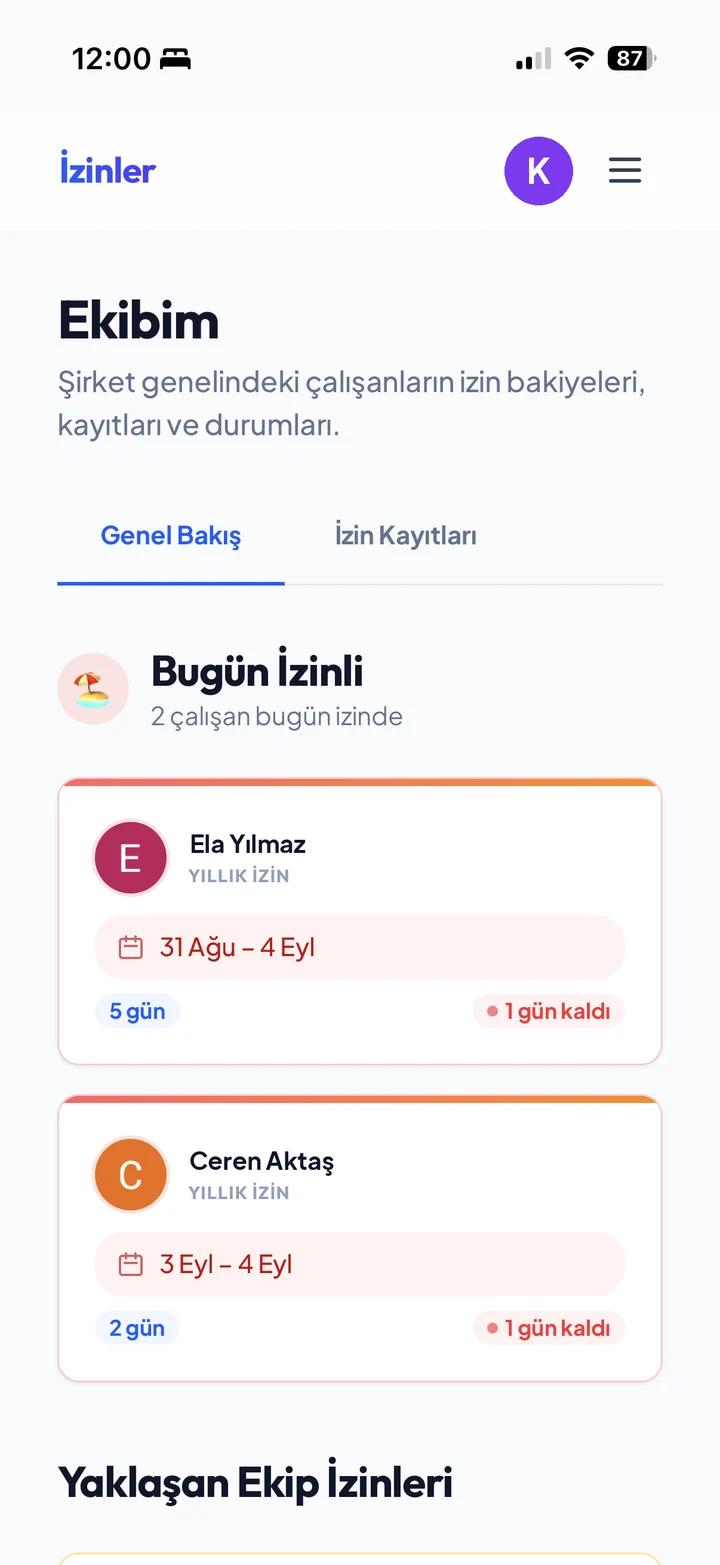 Ekibim ekranı: bugün izinli olan çalışanlar ve tarih aralıkları