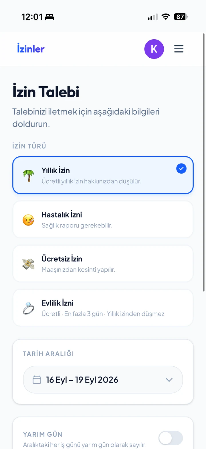 İzinler.com izin talebi ekranı: yıllık, hastalık, ücretsiz ve evlilik izni seçenekleri